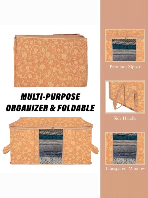 Kuber Industries Brown & Beige 3 Pieces Floral Printed Cloth Organisers With Handles - Image 4