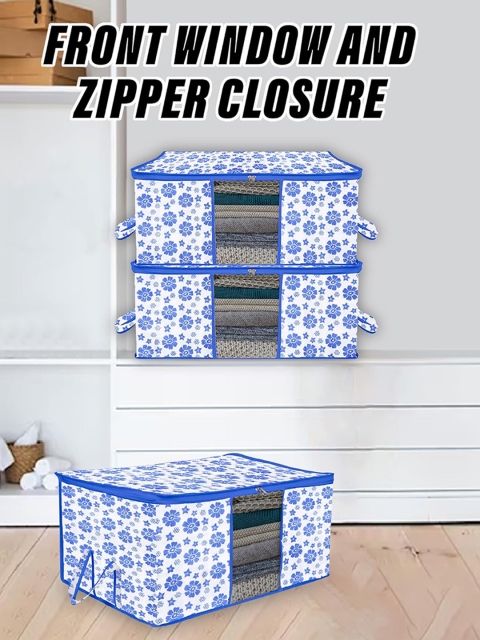 Kuber Industries Blue & White 3 Pieces Floral Printed Cloth Organisers With Handles - Image 6
