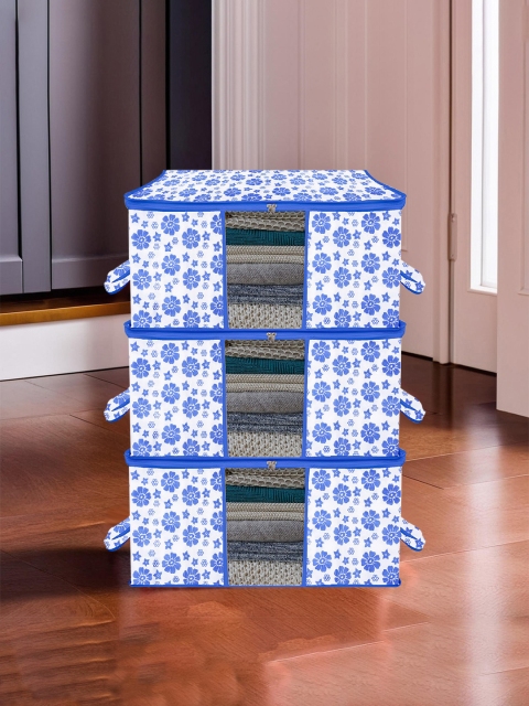 Kuber Industries Blue & White 3 Pieces Floral Printed Cloth Organisers With Handles