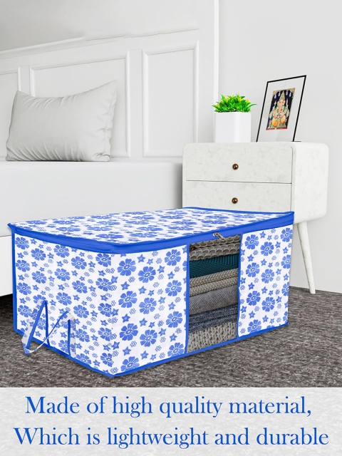 Kuber Industries Blue & White 3 Pieces Floral Printed Cloth Organisers With Handles - Image 2