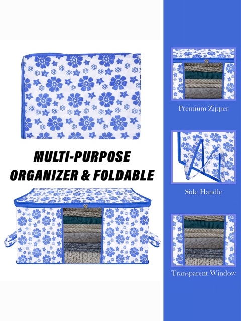 Kuber Industries Blue & White 3 Pieces Floral Printed Cloth Organisers With Handles - Image 4