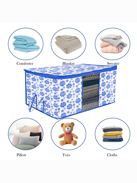 Kuber Industries Blue & White 3 Pieces Floral Printed Cloth Organisers With Handles - Image 5
