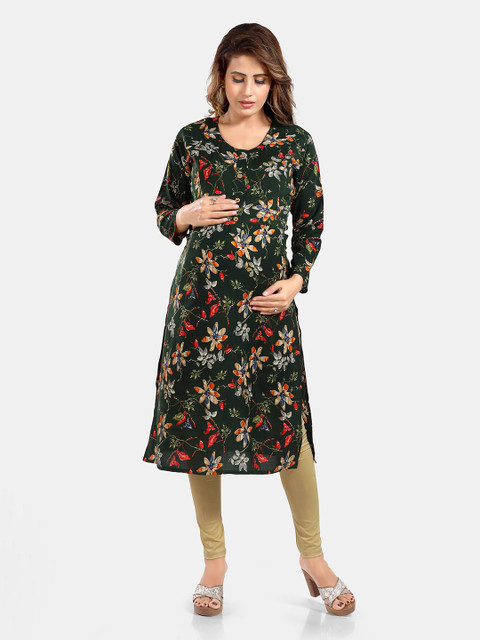 Be You Floral Printed Round Neck Maternity Straight Kurta