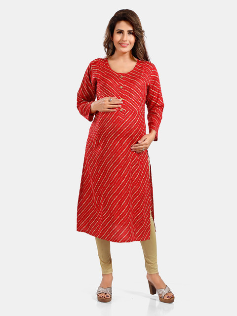 Be You Leheriya Printed Round Neck Maternity Straight Kurta
