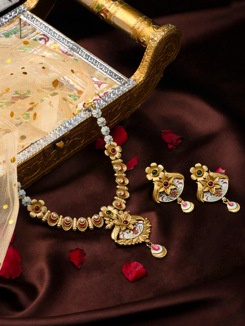 ASMITTA JEWELLERY Gold-Plated Enamelled Kundan-Studded Jewellery Set