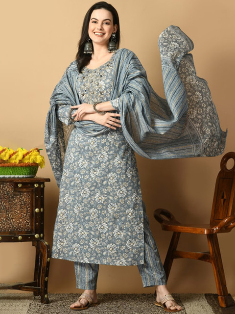 AVYCO Floral Printed Pure Cotton Kurta with Trousers & With Dupatta - Image 7