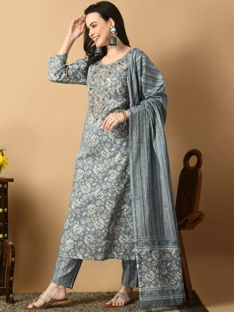 AVYCO Floral Printed Pure Cotton Kurta with Trousers & With Dupatta - Image 4
