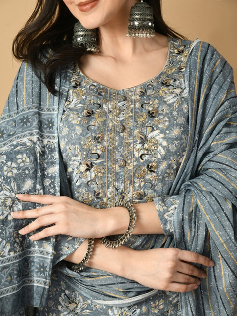 AVYCO Floral Printed Pure Cotton Kurta with Trousers & With Dupatta - Image 3