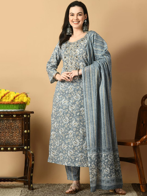 AVYCO Floral Printed Pure Cotton Kurta with Trousers & With Dupatta - Image 6