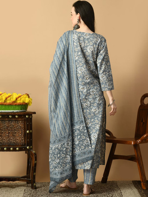 AVYCO Floral Printed Pure Cotton Kurta with Trousers & With Dupatta - Image 5