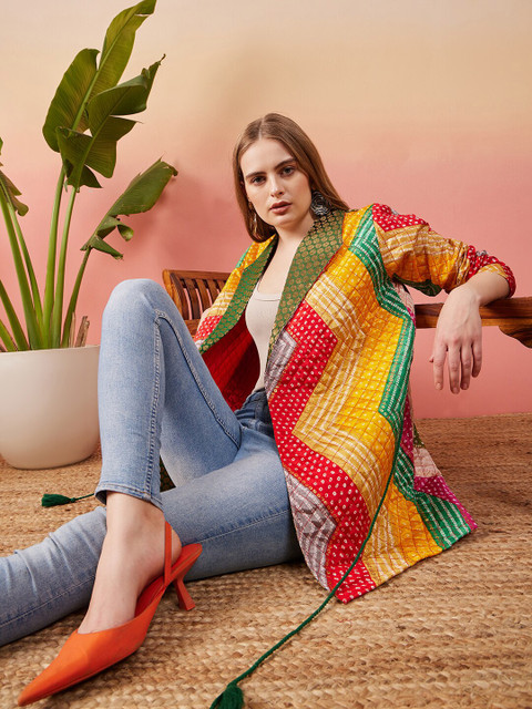 Sangria Bandhani Printed Quilted Longline Jacket Style Lapel Shrug