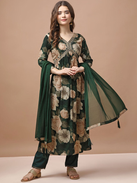 KALINI Floral Printed Empire Sequinned Republic Day Kurta With Trousers & Dupatta