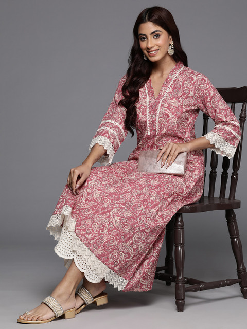 Varanga Peach Jaipuri Printed V Neck A line Pure Cotton Kurta - Image 6
