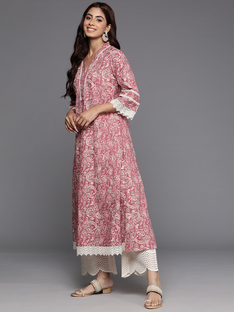 Varanga Peach Jaipuri Printed V Neck A line Pure Cotton Kurta - Image 4