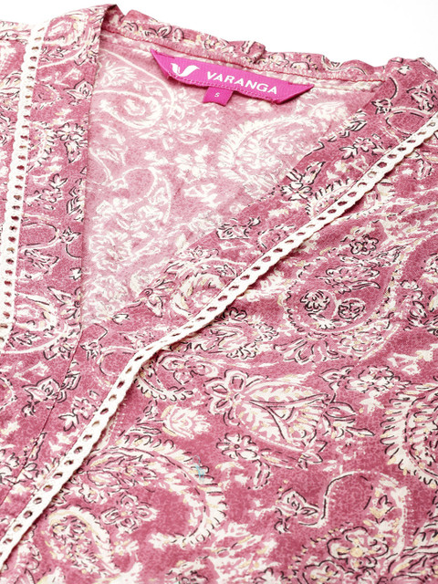 Varanga Peach Jaipuri Printed V Neck A line Pure Cotton Kurta - Image 2