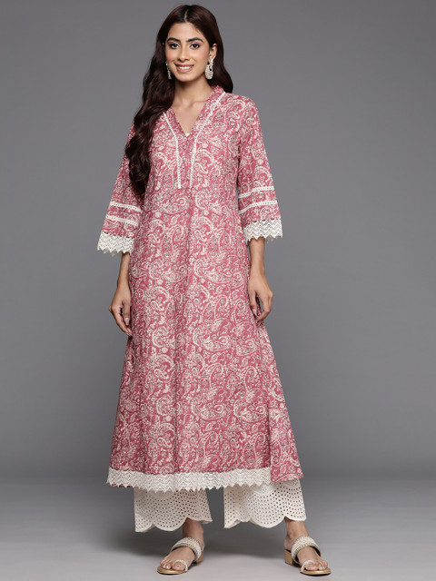 Varanga Peach Jaipuri Printed V Neck A line Pure Cotton Kurta - Image 3