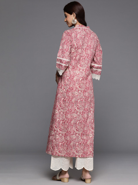 Varanga Peach Jaipuri Printed V Neck A line Pure Cotton Kurta - Image 5