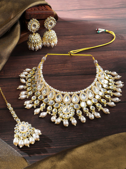 Zaveri Pearls Gold-Plated Kundan Studded Beaded Necklace With Earrings & Maang Tika