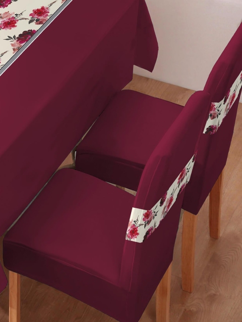 HOKIPO Maroon & White 7 Pieces Printed Chair Covers & Table Cloth Set - Image 5