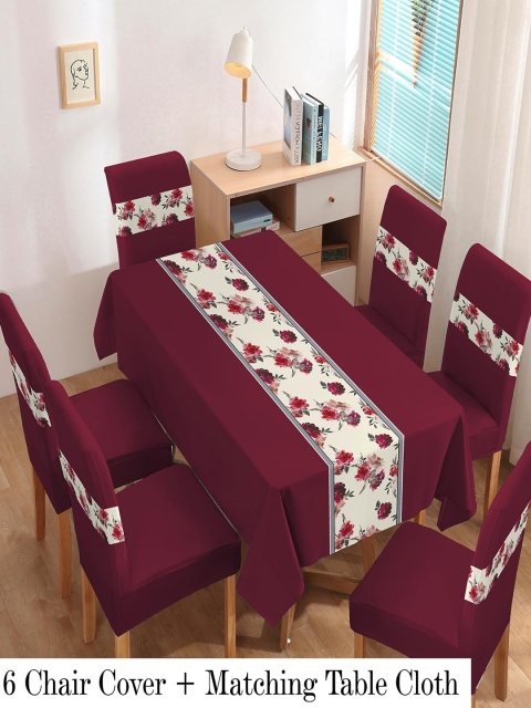 HOKIPO Maroon & White 7 Pieces Printed Chair Covers & Table Cloth Set - Image 6