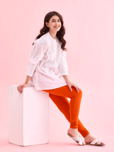 Go Colors Women Orange Solid Churidar Length Leggings - Image 4