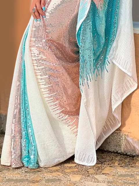 Anouk White & Rose Gold Embellished Sequinned Pure Georgette Saree - Image 5