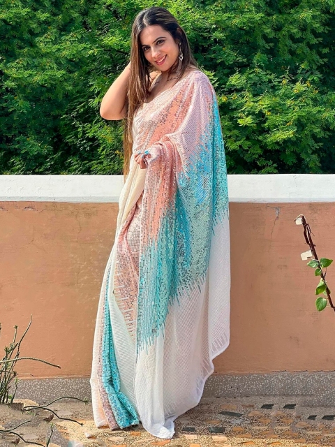 Anouk White & Rose Gold Embellished Sequinned Pure Georgette Saree - Image 2