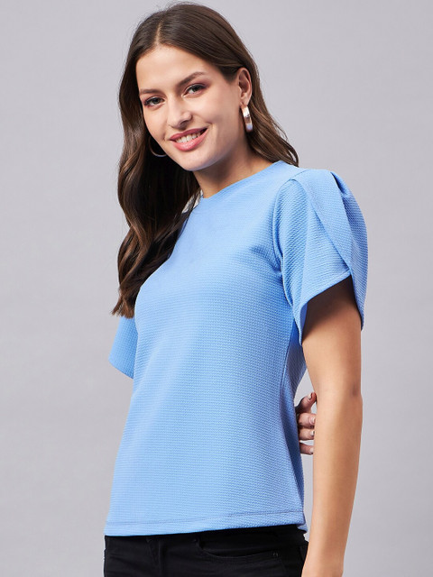 Style Quotient Blue Textured Puff Sleeves Top