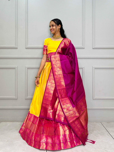 Fabcartz Woven Design Zari Art Silk Semi-Stitched Lehenga & Unstitched Blouse With Dupatta