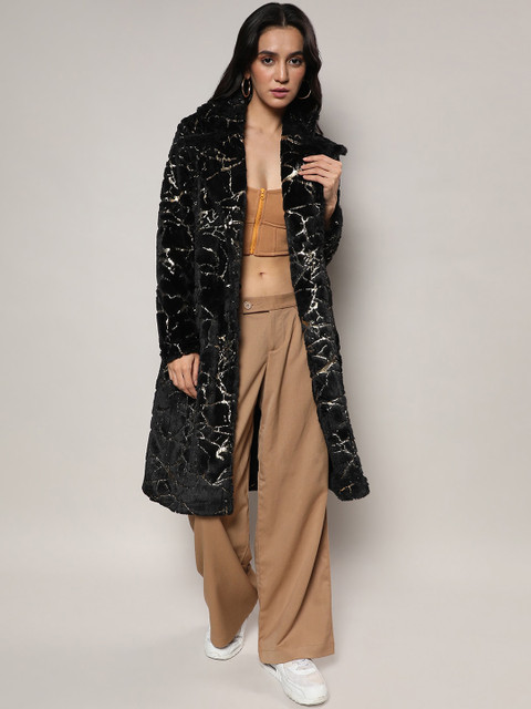 Campus Sutra Self Design Notched Lapel Single Breasted Longline Overcoat