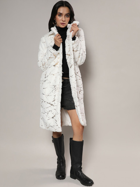 Campus Sutra Self Design Notched Lapel Single Breasted Longline Overcoat