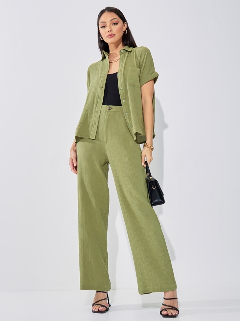 Styli Green Women Mid Rise Straight Fit Textured Cotton Parallel Trousers