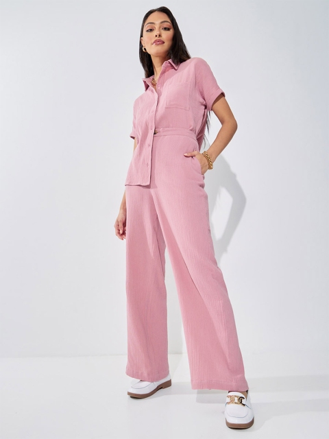 Styli Pink Women Mid-Rise Straight Fit Textured Cotton Parallel Trousers
