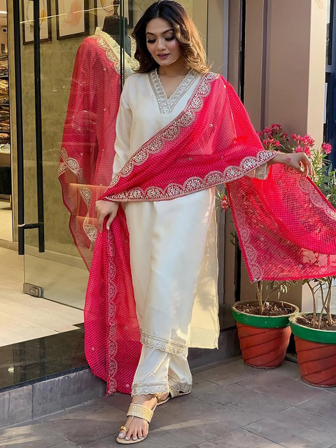 KALINI Floral Embroidered Regular Sequinned Kurta With Trousers & Dupatta