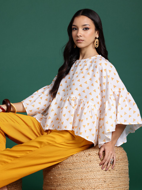 Sangria X fwd White and Mustard Ethnic Motif A-Line Top