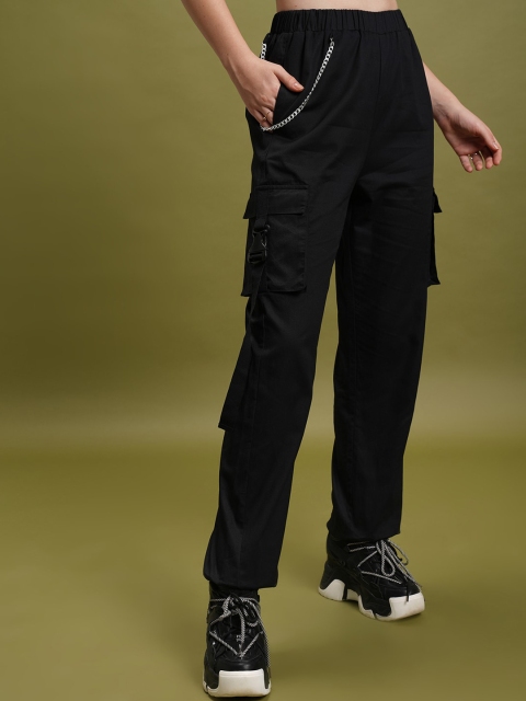 Tokyo Talkies Women Black High-Rise Cotton Cargos