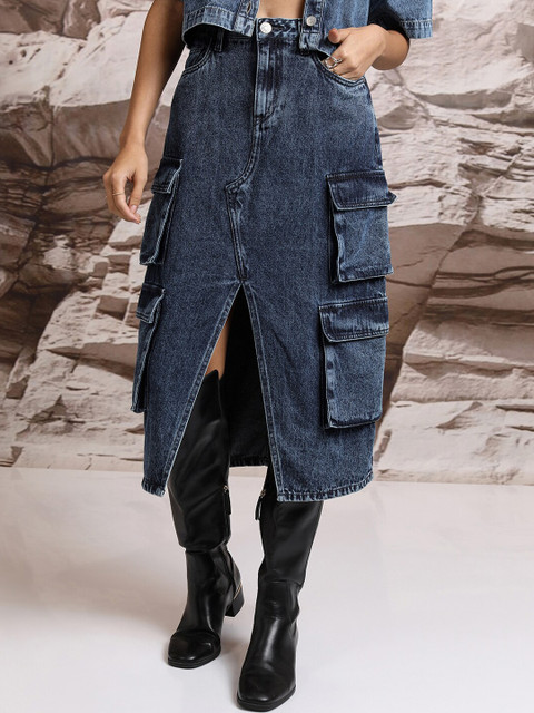 Tokyo Talkies A-Line Pure Cotton Denim Cargo Midi Skirt