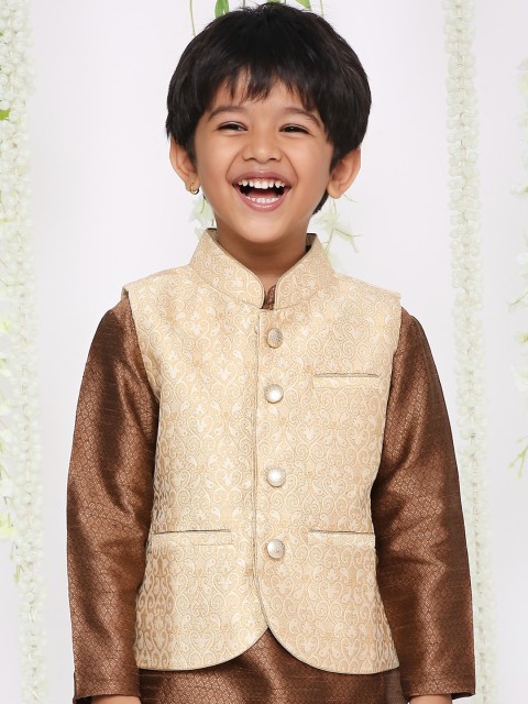 KID1 Boys Woven Design Lightweight Mandarin Collar Pure Silk Nehru Jacket