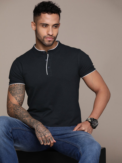Roadster Men Henley Neck Indigo Pure Cotton T-shirt