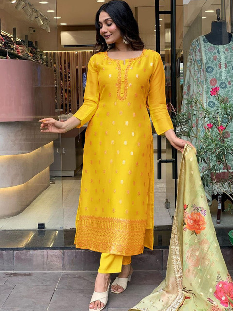 KALINI Floral Woven Design Straight Kurta & Trousers With Dupatta - Image 5