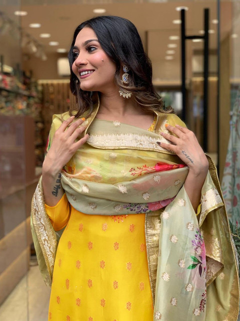 KALINI Floral Woven Design Straight Kurta & Trousers With Dupatta - Image 6