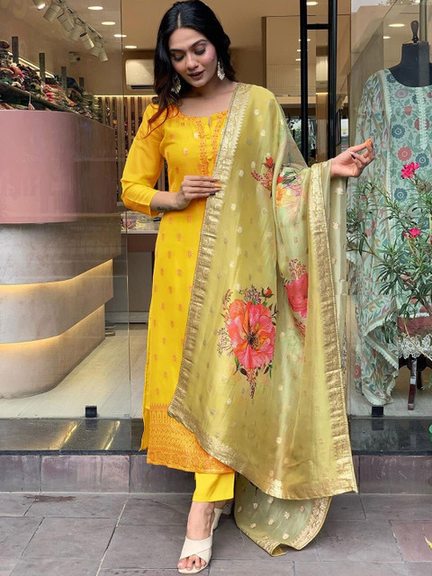 KALINI Floral Woven Design Straight Kurta & Trousers With Dupatta