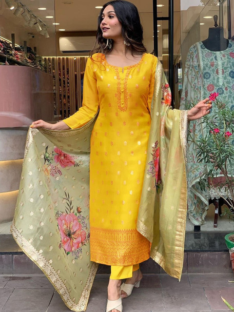 KALINI Floral Woven Design Straight Kurta & Trousers With Dupatta - Image 4