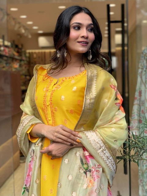 KALINI Floral Woven Design Straight Kurta & Trousers With Dupatta - Image 7