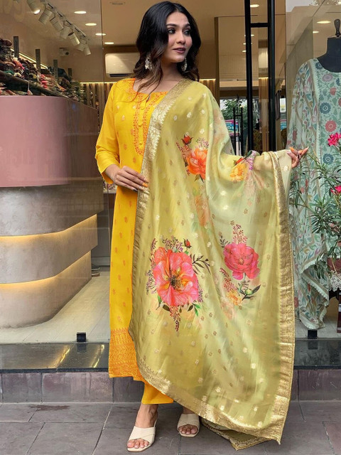 KALINI Floral Woven Design Straight Kurta & Trousers With Dupatta - Image 3