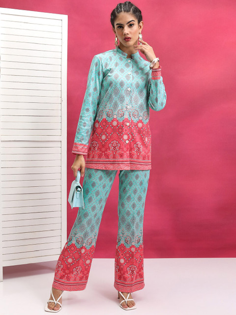 Vishudh Turquoise Blue Printed Mandarin Collar Shirt With Trouser