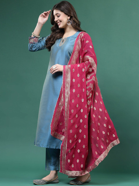 Sangria Blue Mirror Work Kurta with Trousers & With Dupatta