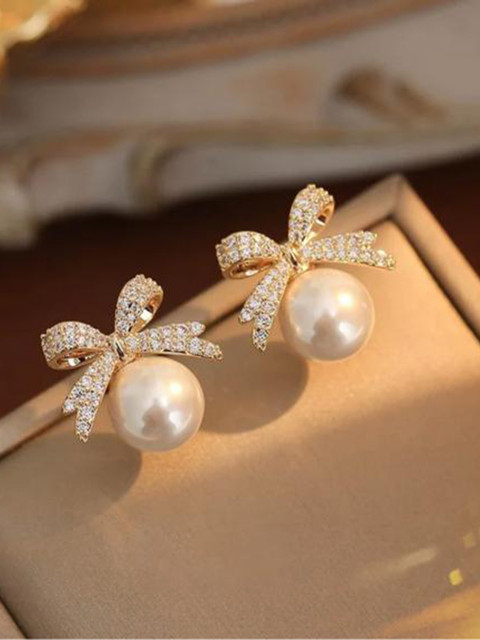 ISHKAARA Gold-Plated Bow Contemporary Studs Earrings