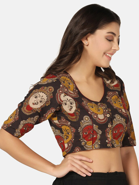 THE WEAVE TRAVELLER Kalamkari Printed V-Neck Cotton Saree Blouse