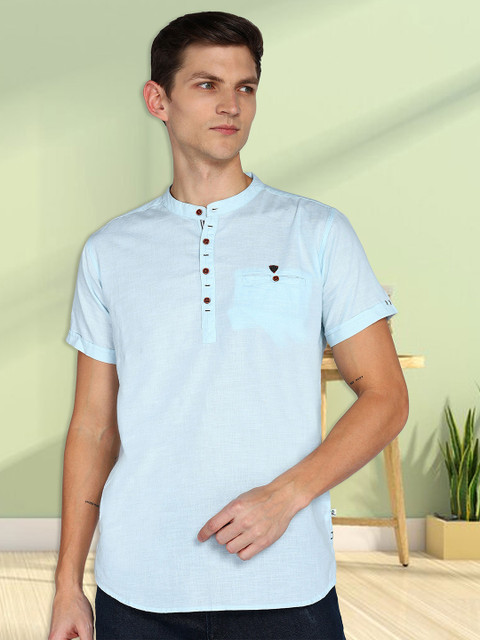 Kuons Avenue Linen Cotton Mandarin Collar Roll Up Sleeve Pathani Short Straight Kurta